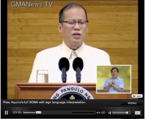 P-noy's SONA with sign language inset.