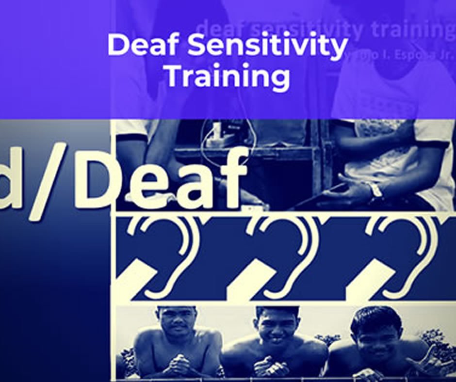 Deaf Sensitivity Training square post with d/Deaf words, deaf icon symbol and deaf models