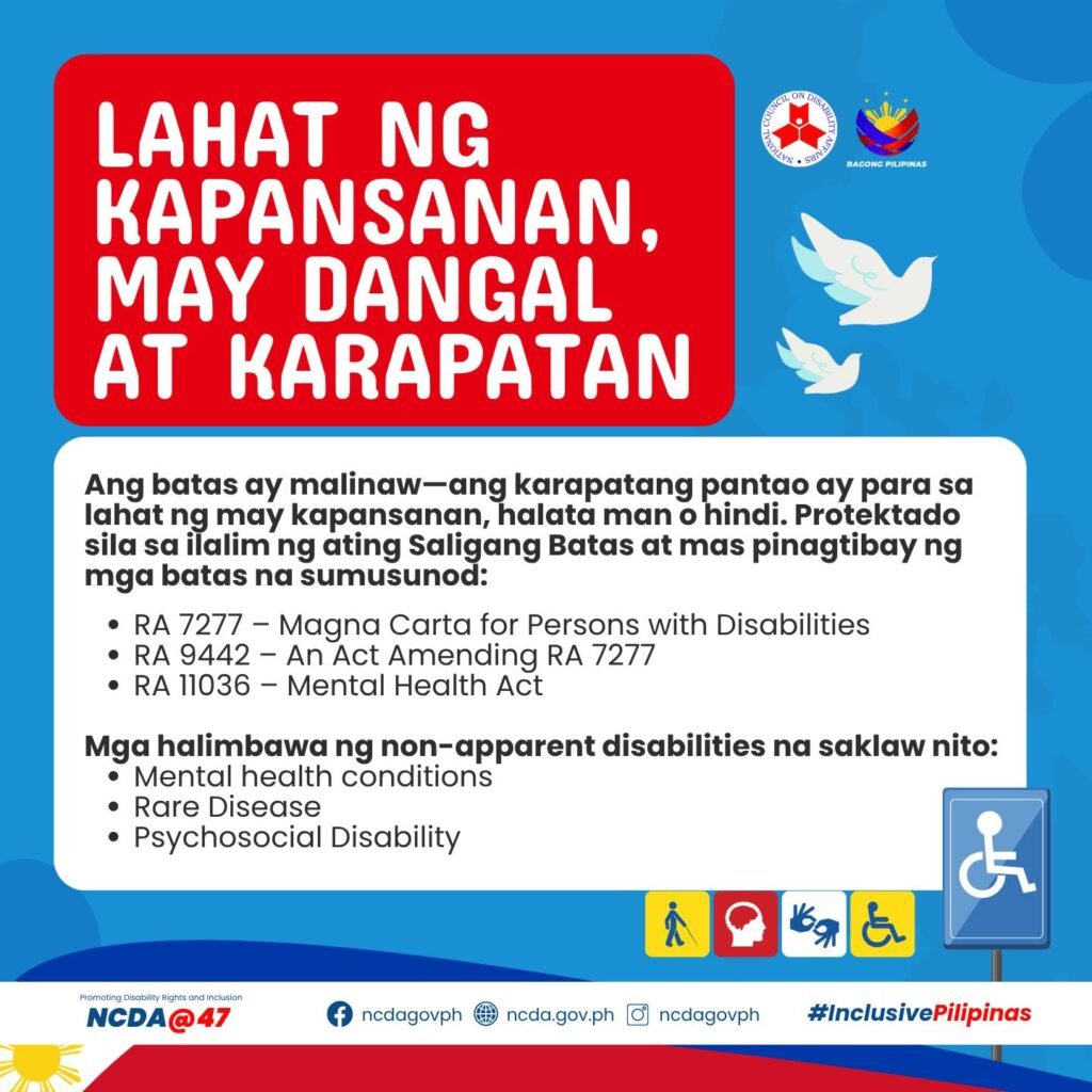 This infographic is about a disability statement within a red textbox and white font that reads: “Lahat ng Kapansanan, May Dangal at Karapatan”. With an overall blue background, and an accent of the Philippine flag at the bottom, the NCDA logo and Bagong Pilipinas are placed on the uppermost right side and under it are two white doves flying toward the right direction—a big one and a small one. It is a square shape post containing texts, images, logos, and symbols. Under the disability statement is a white text box with texts that read: Ang batas ay malinaw--ang karapatang pantao ay para sa lahat ng may kapansanan, halata man o hindi. Protektado sila sa ilalim ng ating Saligang Batas at mas pinagtibay ng mga batas na sumusunod: RA 7277—Magna carta for Persons with Disabilities RA 9442—An Act Amending RA 7277 at RA 11036—Philippine Mental Health Act Mga halimbawa ng non-apparent disabilities na saklaw nito: Mental health conditions, Rare Disease at Psychosocial Disability. Below the white text box are the different symbols for various disabilities such as blindness, mental disability, sign language for the deaf, and the International Symbol of Access/ International Wheelchair Symbol placed at the lower right. There is another International Symbol of Access with blue background on the lower rightmost side border depicted as a sign post. Placed at the bottom most portion is a white horizontal text box containing logos from left to right that say NCDA@47, logos of NCDA’s Facebook, website, and Instagram accounts, and hashtag sign Inclusive Pilipinas.